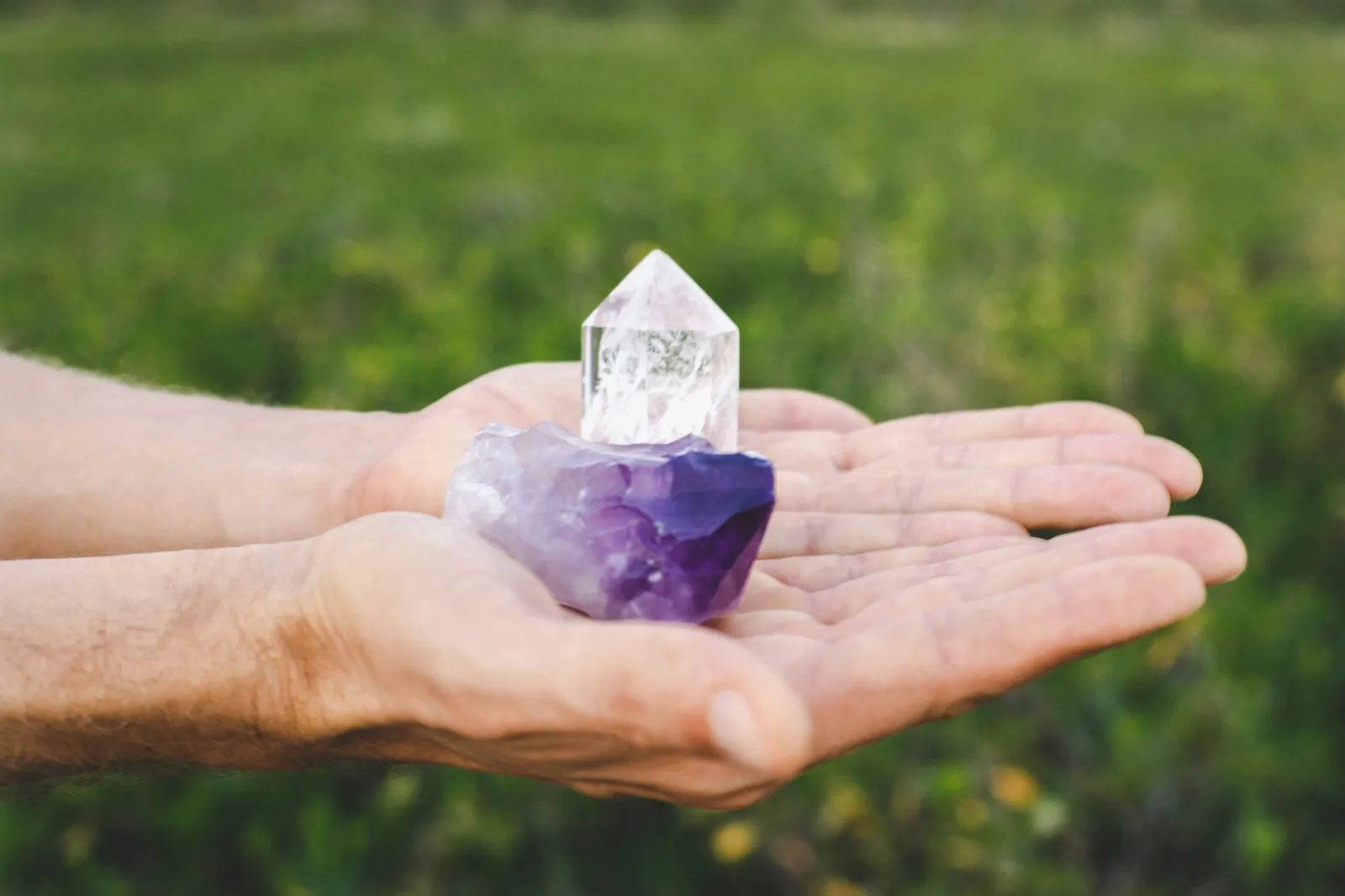 Hands holding a clear quartz crystal point and a raw purple amethyst stone against a blurred green meadow background.